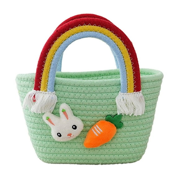 Taotanxi Bunny Basket for Kids, Cute Cotton Tote Bag Hand-Woven Handbag with Rainbow Handles, Easter Egg Hunt Basket Bags for Boys, Girls, Toddler, Babies, Easter gift basket Personalized (Green)