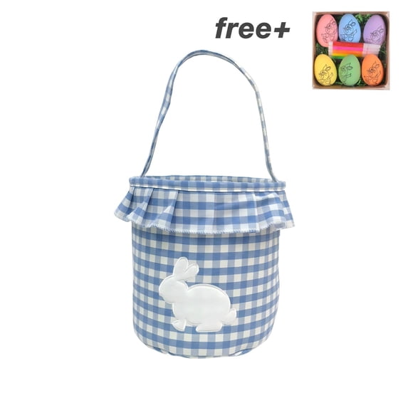 Bunny Easter Basket, Gingham Empty Easter Bucket with Handle Easter Basket Rabbit Buckets Easter Tote Bags Children Gift Storage Handbag Easter Basket Stuffers (Blue)