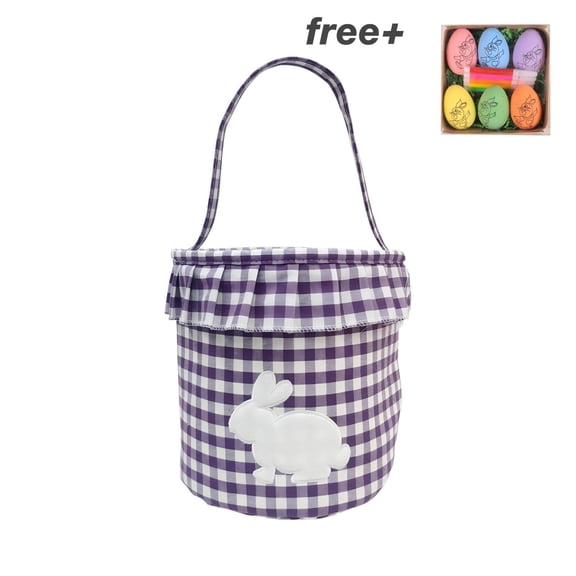 Bunny Easter Basket, Gingham Empty Easter Bucket with Handle Easter Basket Rabbit Buckets Easter Tote Bags Children Gift Storage Handbag Easter Basket Stuffers (Purple)