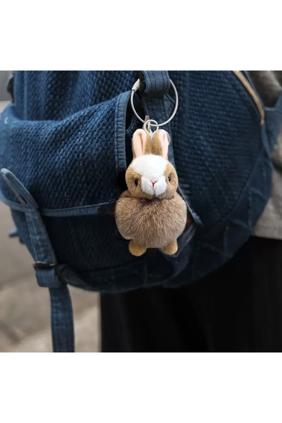 Bunny Keychain Soft Cute Faux Rabbit Fur Fluffy Keyring for Car Handbag Khaki