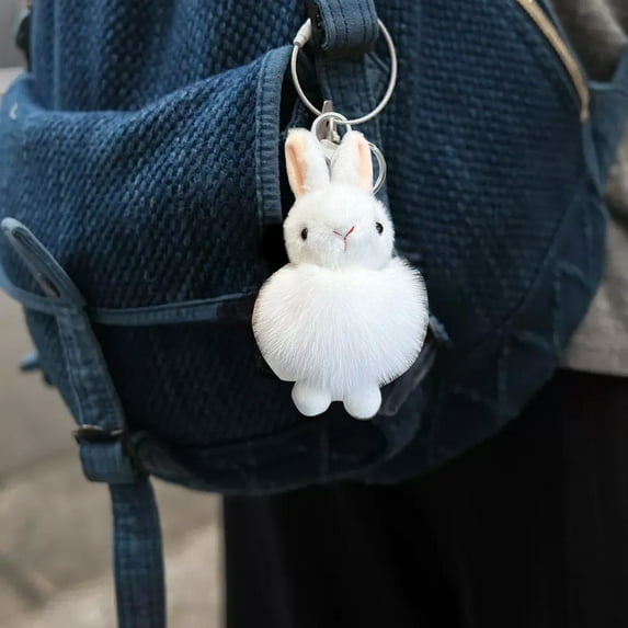 Taotanxi Bunny Keychain Soft Cute Faux Rabbit Fur Fluffy Keyring for Car Handbag White