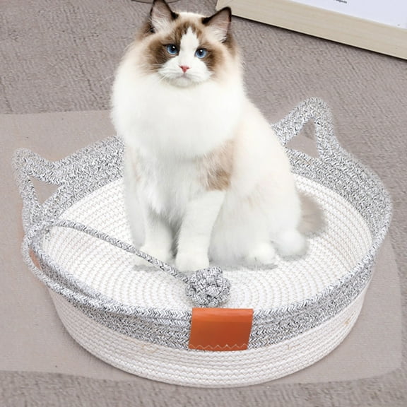 Taotanxi Cat Basket, Pets Hand Woven Cotton Bed Basket, Round Cat Sleeping Nest with Built-in Scratching Pad and Play Ball for Cats and Dogs All-Season (Gray)