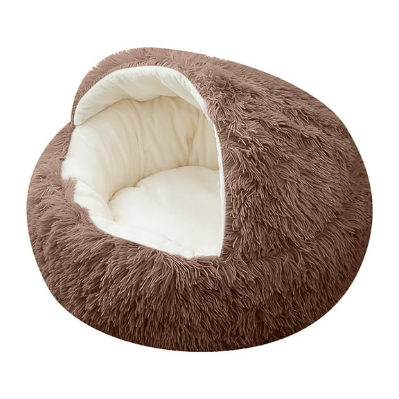 Taotanxi Cat Bed Round Fluffy Hooded Cat Bed Cave, Anti-Anxiety Cave Bed with Hooded Blanket, Cozy Cuddler Luxury Puppy Pet Bed, Anti-Slip Bottom and Machine Washable (Coffee)