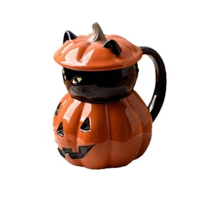 Taotanxi Ceramic Coffee Cup, Innovative Black Cat Pumpkin Little Devil Shaped Covered Mug, Halloween and Thanksgiving Party Decorations and Gifts, Cartoon Breakfast Cup & Dessert Cup (Orange)