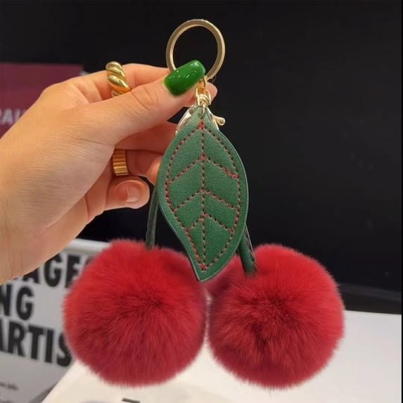 Taotanxi Cherry Plush Keychain, Cherry Fruit Keychain Plush Metal Buckle Keyring Cherry Backpack Charm, Fluffy Plush Cute Kawaii Plush Keychain for Car Keys, Purse, Handbag,Red
