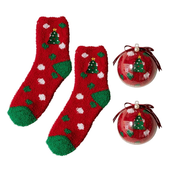 Taotanxi Christmas Decorations 2 Pairs Christmas Fuzzy Socks with Gift Box & Transparent Ball,Fluffy Cozy Holiday Socks, One Size Fits Most, Ornament