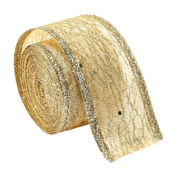 Taotanxi Christmas Metallic Gold Glitter Ribbons Christmas Gold Sparkly Mesh Craft Ribbon Wired Polyester Ribbon for Gift Wrapping Xmas Tree Floral Wedding Party Decor(1.93”x6.56Ft)