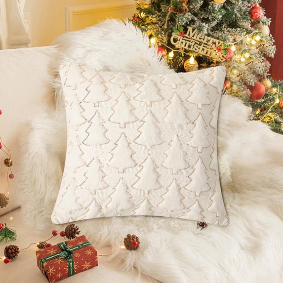 Taotanxi Christmas Pillow Covers 16x16 inch Xmas Decorations Soft Plush Faux Fur Wool Beige Christmas Tree Throw Pillow Cases Winter Holiday Decor for Sofa Living Room