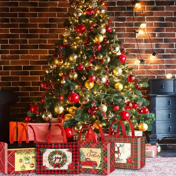 Taotanxi Christmas Plaid Large Tote Bags with Handles Reusable Red Grocery Shopping Bag Non-Woven Bags Black Green Lattice Gift Bag Truck Wreath Waterproof Party Treat Goodie Bag for Favors