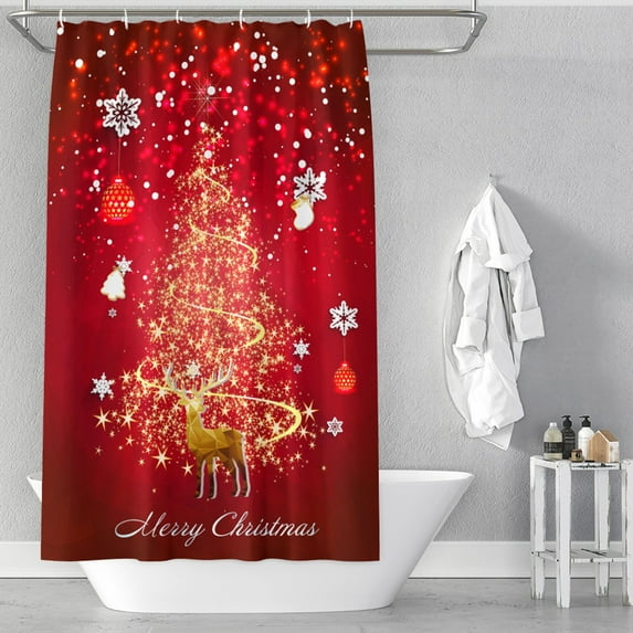 Taotanxi Christmas Shower Curtain, Vintage Ambiance Big Old Fashioned Window Xmas Tree Various Presents, Cloth Fabric Bathroom Decor Set with Hooks, 35" W x 70" L, C