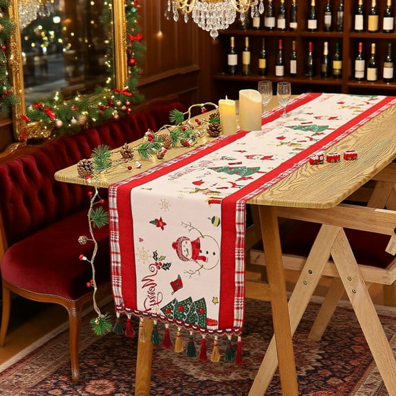 Taotanxi Christmas Table Runner with Pom-Pom Tassels – Cotton Linen Blend Table Decor for Dining Table, Dresser, Fireplace & Holiday Celebrations (Multicolor, 13.7"x47.2")
