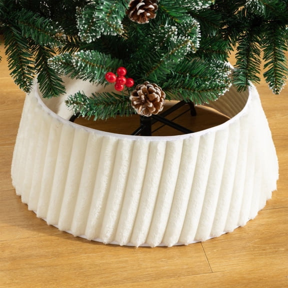 Christmas Tree Collar, Rustic White Luxury Plush Faux Fur Tree Collar with Stripe Textured Pattern, Soft Fluffy Xmas Tree Ring Boho Tree Skirt for Holiday Decorations Indoor Home Decor,A