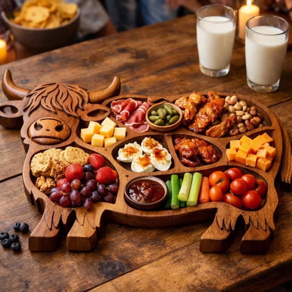 Taotanxi Clearance Highland Cow Wooden Charcuterie Board, 12"x8" Rustic Farmhouse Serving Board Made from Natural Wood with Compartments for Cheese, Meat, Fruit Snack, Father's Day Gift for Women Men
