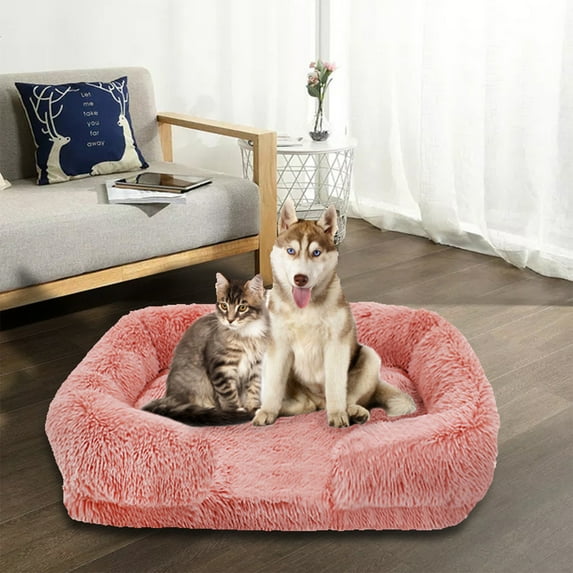 Taotanxi Dog Bed, 15.74"x11.81"x4.72" Faux Fur Fluffy Dog Couch Bed, Orthopedic Calming Memory Foam Pet Bed for Small Dogs, Washable Soft Warm Pet Sofa Bed with Non-Slip Bottom, Pink