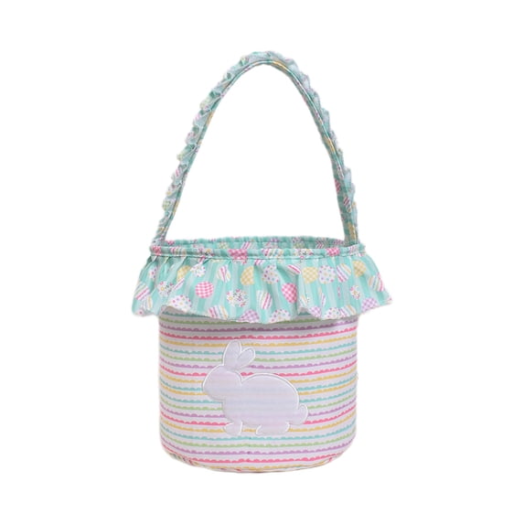 Taotanxi Easter Basket with Gingham Bunny Applique, 9x9 Inches, Personalized Bunny Design, White with Check Pattern, Foldable Handle, Easter Egg Hunting Bucket (J-A,Multicolor)