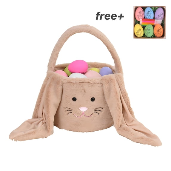Easter Basket Plush Easter Bunny Long Ears Bags Easter Basket Rabbit Buckets Easter Tote Bags Children Gift Storage Handbag,Brown
