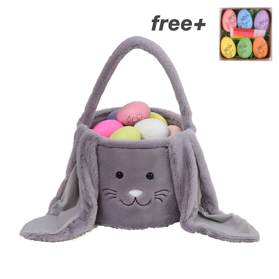 Easter Basket Plush Easter Bunny Long Ears Bags Easter Basket Rabbit Buckets Easter Tote Bags Children Gift Storage Handbag,Gray