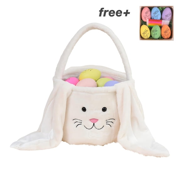 Easter Basket Plush Easter Bunny Long Ears Bags Easter Basket Rabbit Buckets Easter Tote Bags Children Gift Storage Handbag,White