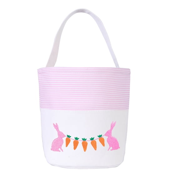 Taotanxi Easter Basket, White Canvas with Bunny and Carrot Design, 9 Inch Diameter, Polka Dot Liner, Foldable Handle, for Egg Hunting and Spring Decor (Pink)