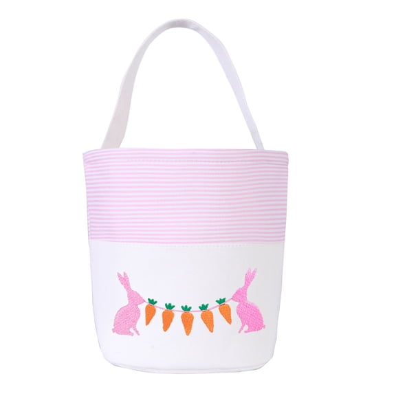 Taotanxi Easter Basket, White Canvas with Bunny and Carrot Design, 9 Inch Diameter, Polka Dot Liner, Foldable Handle, for Egg Hunting and Spring Decor (Pink)