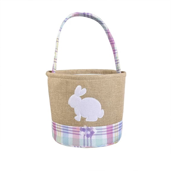 Taotanxi Easter Basket with Felt Bunny Applique, Burlap Exterior, Plaid Cotton Liner and Base, 9 Inch Tall Storage Container, Foldable Handle (Pink)