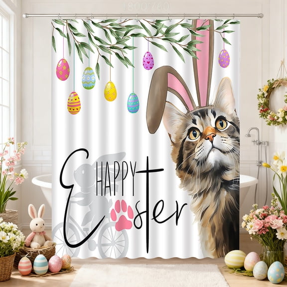Taotanxi Easter Bunnies Shower Curtain, Retro Florals Rabbit Easter Colorful Eggs Shower Curtain for Bathroom Decor, Vintage Polyester Shower Curtain for Ki-ds Adults with Hooks 70x90Inch