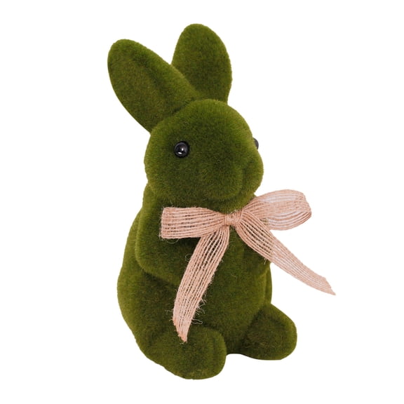 Taotanxi Easter Bunny Decor Green Moss Bunny Figurine with Bowtie Furry Flocked Rabbit Easter Statue Artificial Rabbit Ornament for Table Centerpieces Outdoor Garden Party Gift