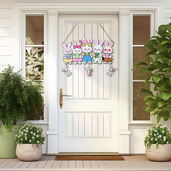 Taotanxi Easter Bunny Sign for Front Door, Colorful Wooden Hanging Decor with Carrots Happy Easter Greeting, Spring Welcome Sign for Home Wall Porch, Indoor Outdoor Farmhouse Decorations