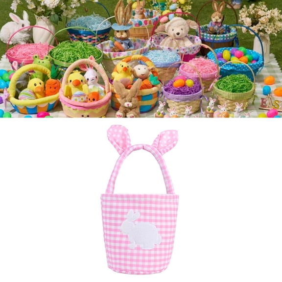 Taotanxi Bunny Easter Basket, Classic Gingham Easter Bucket Bag for Easter Egg Hunts Party Favor Decorations(Pink)