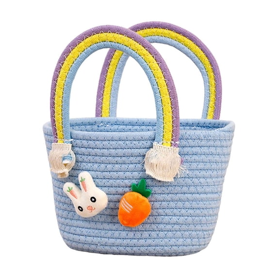 Taotanxi Bunny Baskets for Kids, Cute Cotton Tote Bag Hand-Woven Handbag with Rainbow Handles, Easter Egg Hunt Basket Bags for Boys, Girls, Easter gift basket Personalized (Blue)