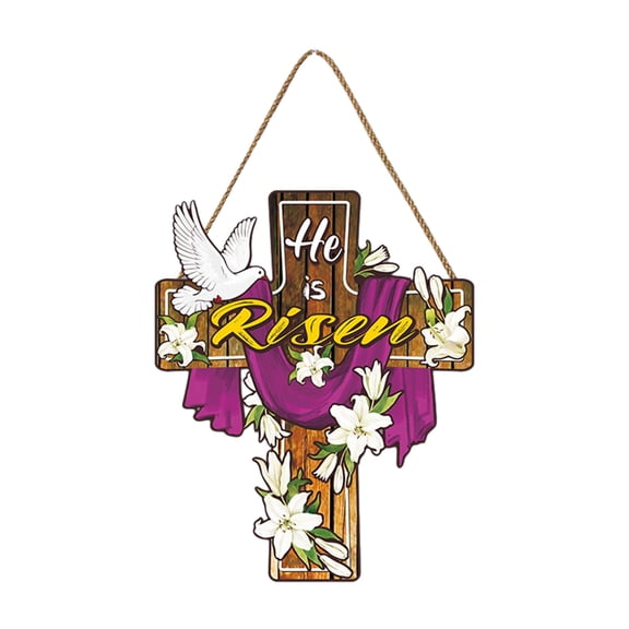 Taotanxi Easter He He Is Risen Wreath for Front Door Decor Religious Easter Decoration Wooden Egg Rabbit Cross Door Sign Hanging Sign Christian Floral Decor for Party Supplies(Cross Style)