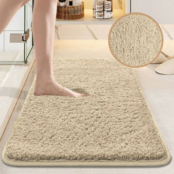 Taotanxi Fluffy Bathroom Rug Mat Small 24x16, Absorbent Thick Microfiber Mats with Non Slip Rubber Backing, Quick Dry Machine Washable Bath Rugs for Bathroom Floor, Bathtub and Shower, Cream