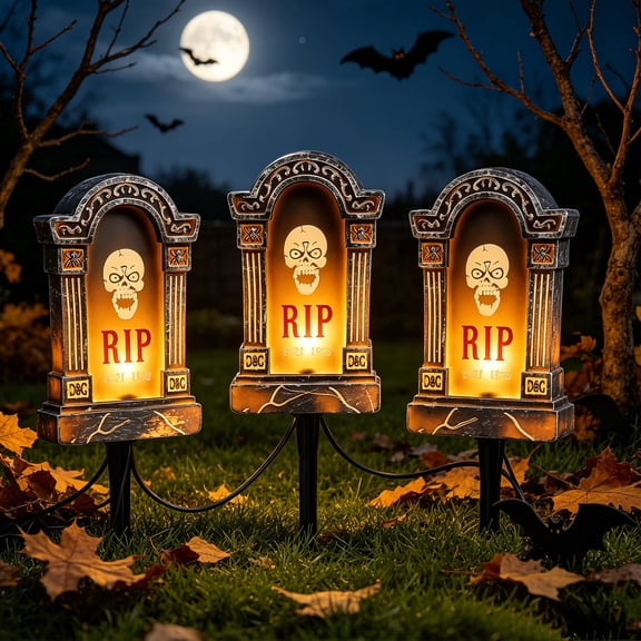 Taotanxi Glowing Halloween Tombstones Yard Signs, 3 Pcs Yard Decorations for Outdoor Graveyard, Waterproof Scary Light Up Gravestones for Home, Party, Cemetery Halloween Decor