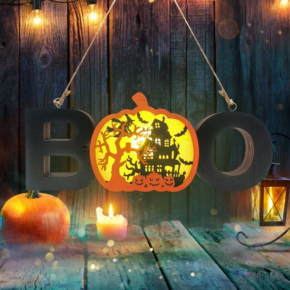 Taotanxi Halloween Decorations Door Sign Wood Pumpkin Bats Boo Sign Night Light Fall Decorations for Home Wall Accents House Party Apartment Kitchen Window Hanging Table Decor 3.5 × 8.6in
