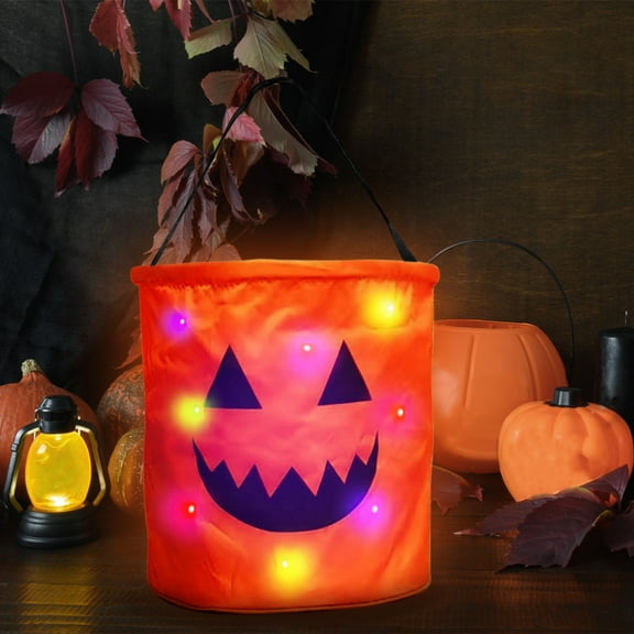 Taotanxi Halloween Trick or Treat Bags 10 x 10 inches LED Light Orange Pumpkin Buckets Reusable Goody Candy Bucket for Kids Trick or Treating, Halloween Birthday Party Favor Supplies