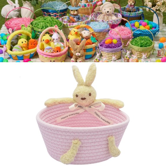 Taotanxi Easter Baskets,Pink Cotton Rope Woven Storage Basket with Bunny Decor, Small Decorative Organizer Bin for Makeup, Kids’ Toys, Sundries & Home Entryway