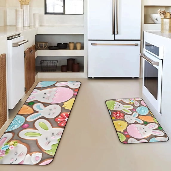 Taotanxi Happy Easter Bunny Decorative Kitchen Rugs Set Of 2, Rabbit Kitchen Mat Easter Eggs Non-Slip Floor Mat, Holiday Home Kitchen Decorations 16"X47"+16"X24"