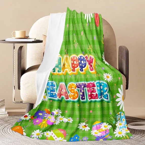 Taotanxi Happy Easter Throw Blanket Easter Rabbit Bunny Easter Eggs With Tulip Flowers And Gnomes Holiday Flannel Blanket Soft Lightweight Fleece Blanket for Bed Sofa Couch 40"X28"