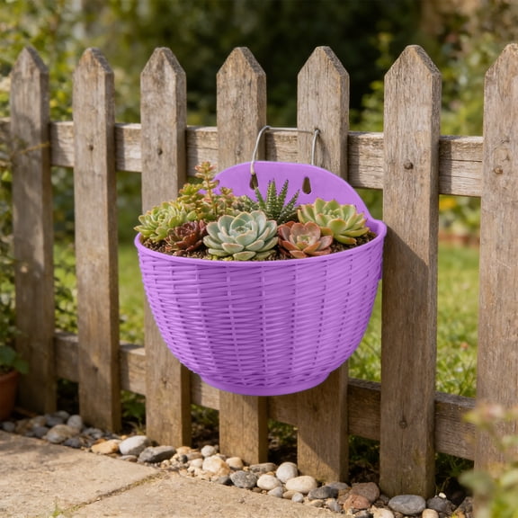 Taotanxi Imitation Rattan Wall Hanging Planter, Hanging Planter Pot Half Round, Imitation Rattan Wall-Mounted Semicircular Flower Pot, for Indoor Outdoor Balcony Fence (Purple)