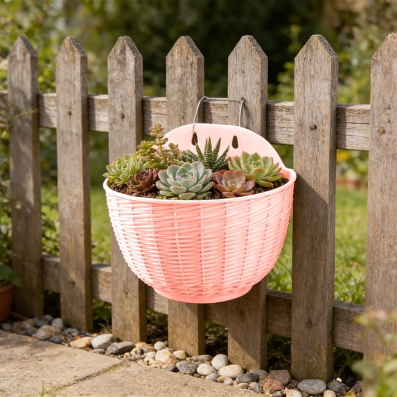 Taotanxi Imitation Rattan Wall Hanging Planter, Hanging Planter Pot Half Round, Imitation Rattan Wall-Mounted Semicircular Flower Pot, for Indoor Outdoor Balcony Fence (Pink)
