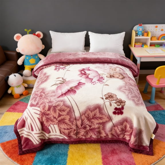 Taotanxi Korean Style Fleece Blanket , 59"x79",Plush Raschel Fleece Heavy Blanket for Winter, 2 Ply, Floral Printed with Embossing Pattern, Silky Soft Thick Warm (Burgundy Roses)
