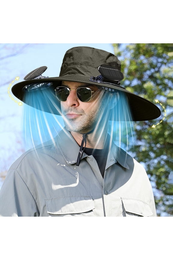 Men Sun Hat with 2 Solar Fan Fishing Wide Brim Sun Hat for Outdoor Summer Camping Beach, USB & Solar Powered Free Black Ice Sleeves