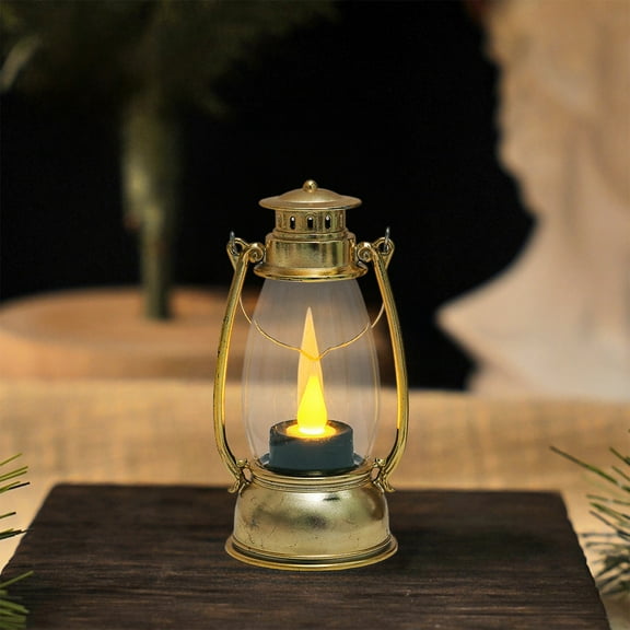 Taotanxi Mini Lantern Decorative with Flickering LED Candle, 5Inch Small Western Lantern for Table Centerpiece, Vintage Hanging Candle Holders for Halloween Camping Party Decor (Gold#0936)