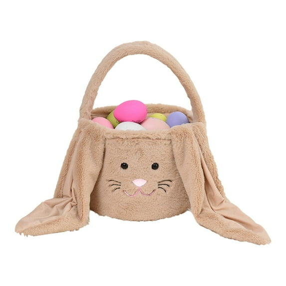 Taotanxi Plush Easter Bunny Basket Bags for Kids, Rabbit Bucket Tote with Long Fluffy Ears, Cute Egg Hunts Party Storage Candy Gifts Carry Bucket Decorations (Brown)