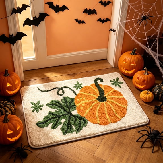 Taotanxi Pumpkin Bath Mat, Cute Pumpkin Orange Rugs, Soft, Plush Shaggy, High Absorbent, Non-Slip, Machine Washable, Tub Living Bedroom Kitchen Decoration, 15.7" x 23.6", Halloween Pumpkin