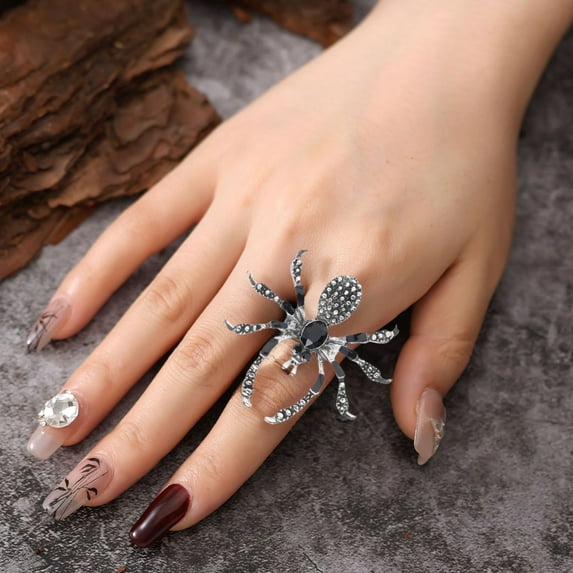 Taotanxi Punk Spider Rings for Women Silver Silver Spider Web Bat Knuckle Rings Gothic Vintage Dark Crystal Rings Red Heart Gemstone Statement Rings
