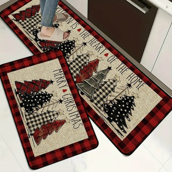 Taotanxi Red Buffalo Plaid Xmas Trees Merry Christmas Kitchen Mats Set of 2, Winter Decor Low-Profile Kitchen Rugs for Floor - 15.7x24 and 15.7x59 Inch