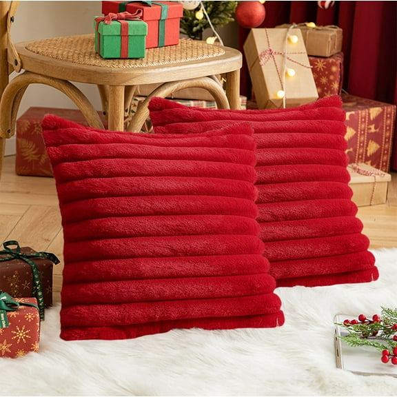 Taotanxi Red Striped Decorative Throw Pillow Covers 18x18 Inch ,Square Spring Decorations Couch Pillow Case,Soft Cozy Faux Rabbit Fur & Velvet Back,Modern Home Decor for Bed