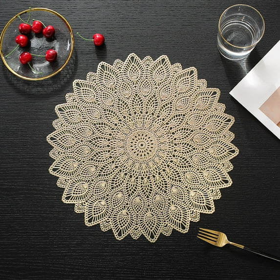 Taotanxi Silver Round Placemats, Hollow Out Washable And Wipeable Place Mats, Pressed Vinyl Table Mats for Anniversary Dinner Kitchen Decorations
