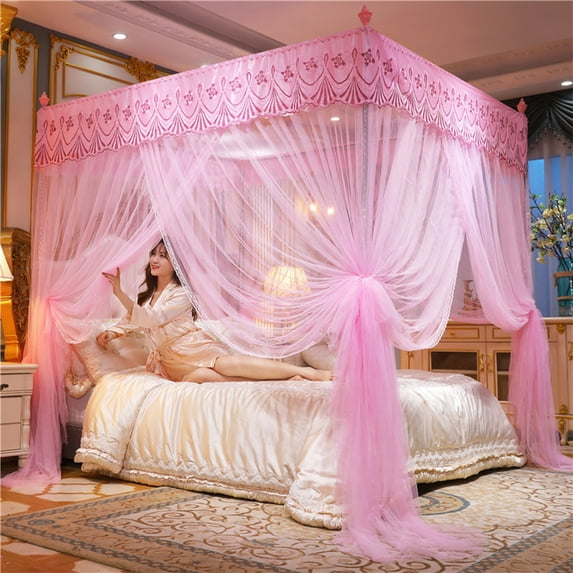 Taotanxi Single Bed Curtains 47x79 Sizes,Bed Canopy for Girls Royal Luxurious Cozy Bed Drapes Girls Room Decor(Pink,Single)